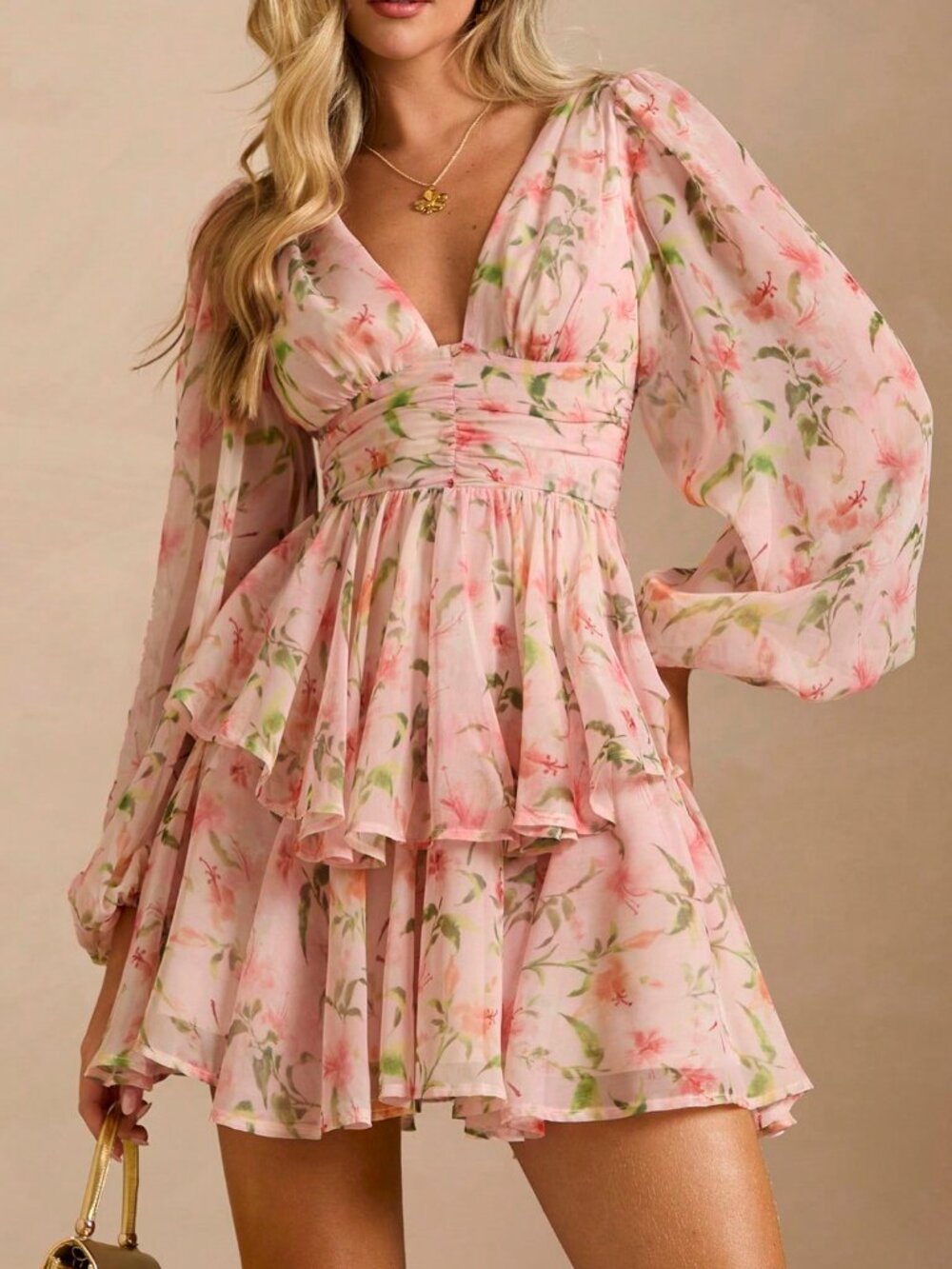 Baby Pink Boho Women's Romantic Floral Print V-Neck Long Sleeve Mini Dress - Picture 6 of 7